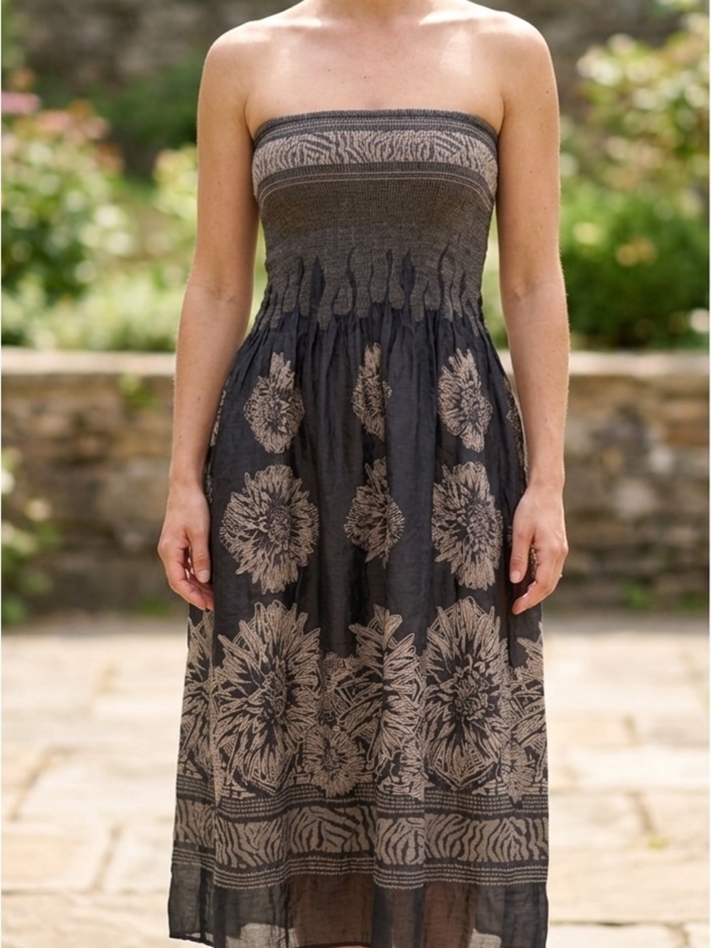 Lapis Strapless Black Dress with Taupe Floral Print